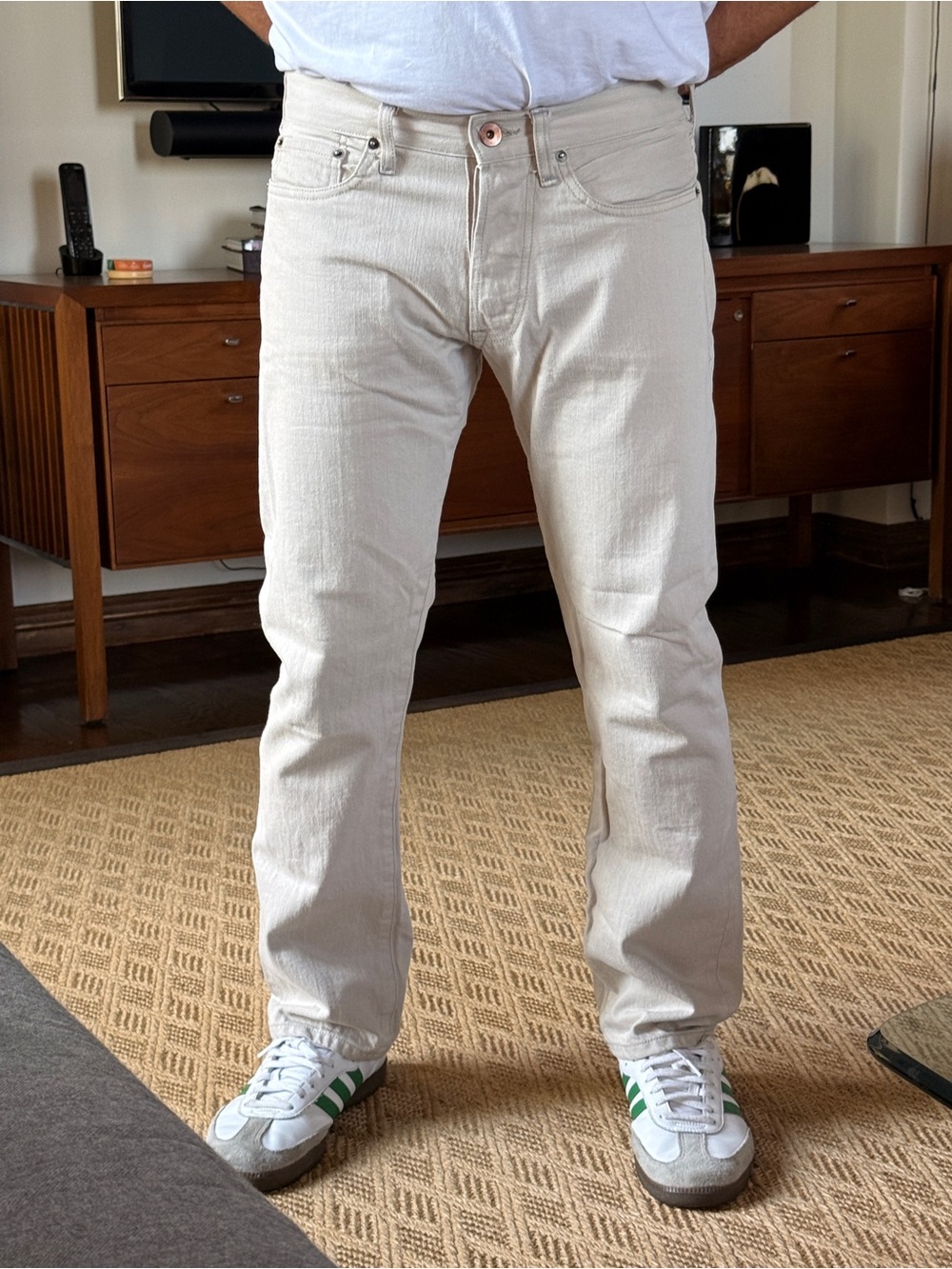 Men's VINTAGE SCHAEFFER  SZ 33 Style 101 OFF WHITE Straight-Leg Jeans made 2017